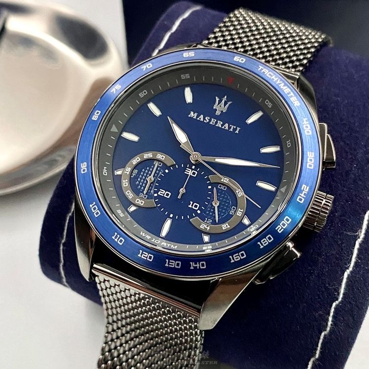 MASERATI手錶,編號R8873612009,46mm寶藍錶殼,槍灰錶帶款◉20A004